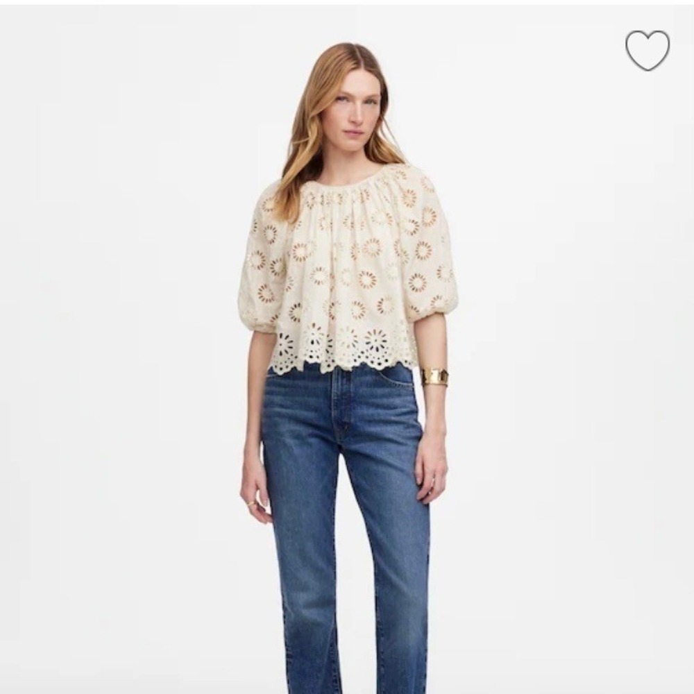 Madewell Top Womens Small Embroidered Shirred Puff Sleeve Eyelet Cream NV195 - Picture 2 of 9